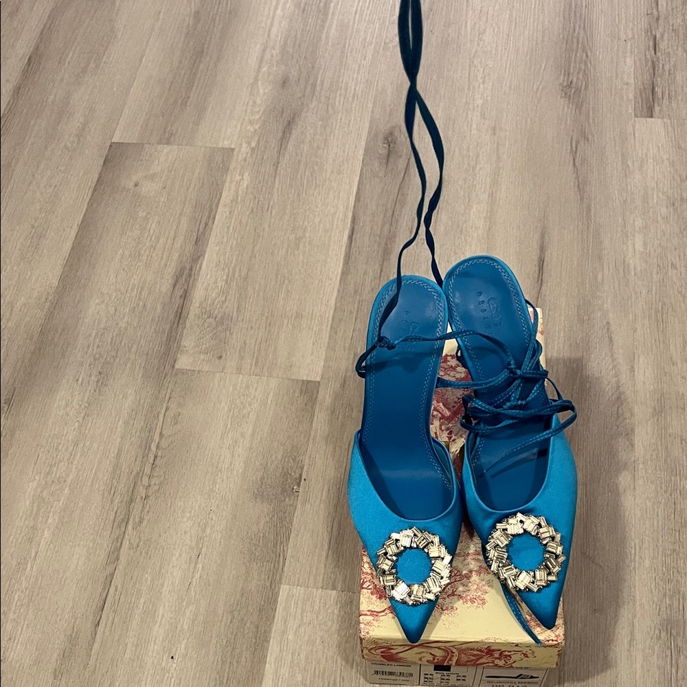 ASOS Turquoise Lace-Up Pointed Satin Heels with Crystal Embellishment - Picture 2 of 3